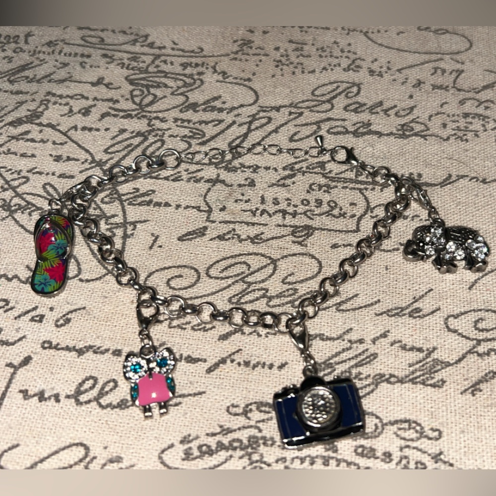 silver charm bracelet with owl, elephant & camera charms #kawaii #jewelry
